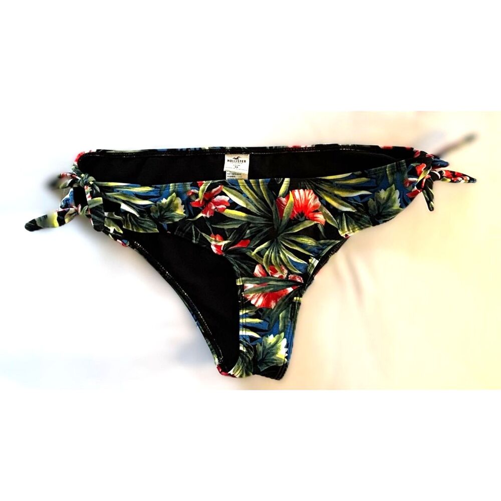 Hollister Tropical Double Side Tie Bikini Bottom Black Floral Size M Cheeky Swim